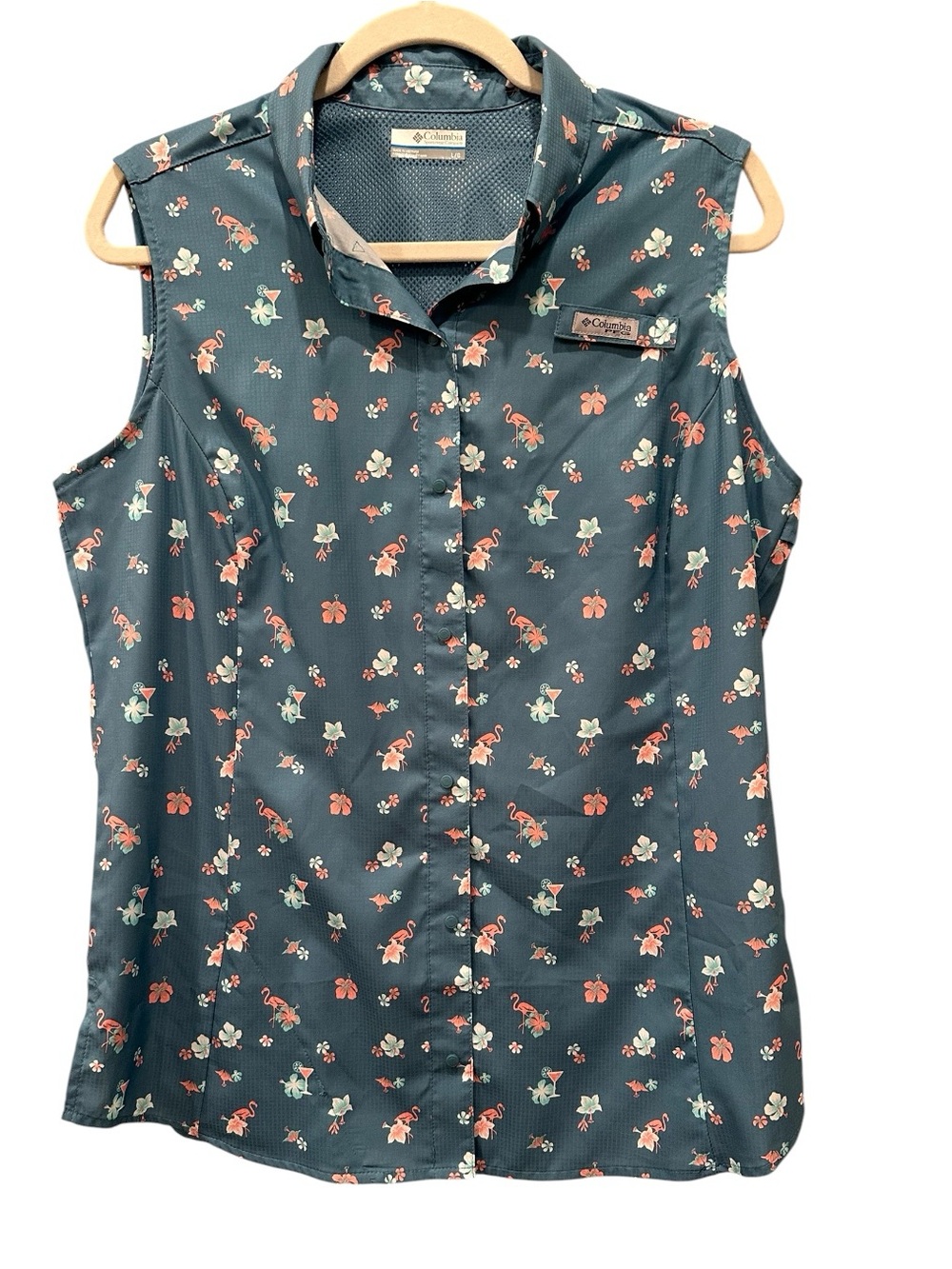 Columbia Sleeveless PFG Pink Flamingos Snap Closure Novelty Outdoors Floral L